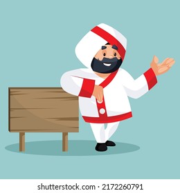 Punjabi chef is standing with wooden sign board. Vector graphic illustration.  Individually on colored background.	
