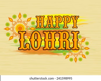 Punjabi community festival, Happy Lohri celebration poster or banner design with rangoli on colorful paint stroke.