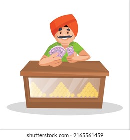 Punjabi confectioner is counting money on desk. Vector graphic illustration. 
Individually on a white background.