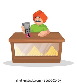 Punjabi confectioner holding swipe machine and card in hand for payments. Vector graphic illustration. Individually on a white background. 
