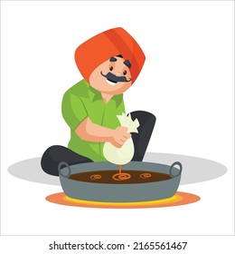 Punjabi confectioner is making sweets in a big pot. Vector graphic illustration. 
Individually on a white background. 