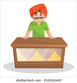 Punjabi confectioner is standing on counter stall. Vector graphic illustration.  Individually on a white background. 