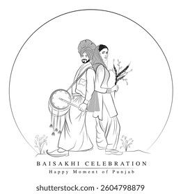 A Punjabi couple celebrating Baisakhi festival, an illustration of beautiful couple, A vector line art of Sikh family