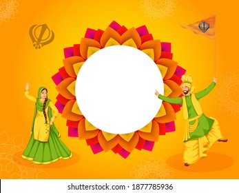 Punjabi Couple Character In Bhangra Dance With Sikh Flag And Empty Mandala Frame On Orange Background.