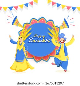 Punjabi Couple doing Bhangra Dance with Wheat Ear and Loudspeakers and Bunting Flag Decorated on White Background for Happy Baisakhi Celebration.