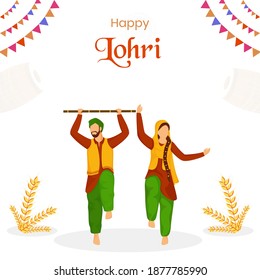 Punjabi Couple Doing Bhangra Or Folk Dance With Stick, Wheat Ear And Bunting Flags On White Background For Happy Lohri.