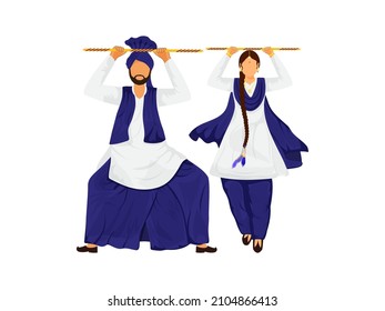 Punjabi Couple Holding Wooden Stick In Traditional Dance.