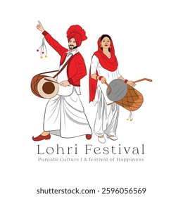 Punjabi couple performing cultural dance, An illustration of Lohri festival, A beautiful woman playing drum on Lohri festival