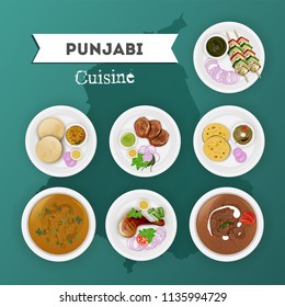 Punjabi cuisine set with illustration of state map on shiny green background.