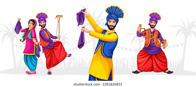 Personajes bailarines punyabíes con motivo de festivales como Lohri y Baisakhi. Grupo de personas haciendo el baile Bhangra. Diseño de ilustración vectorial.