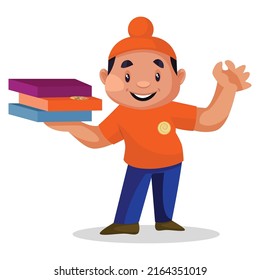Punjabi delivery boy with pizza boxes and showing okay sign. Vector graphic illustration.  Individually on white background.	