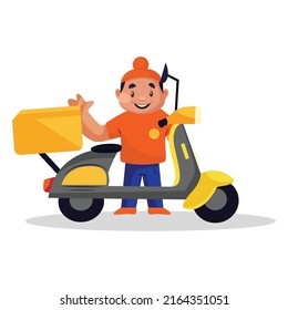 Punjabi delivery boy is standing with scooter. Vector graphic illustration. Individually on white background.