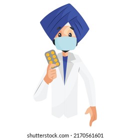 Punjabi doctor is holding medicine in hand. Vector graphic illustration. Individually on a white background. 