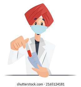 Punjabi doctor is holding test tube and a paper in hand. Vector graphic illustration. Individually on a white background. 