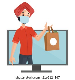Punjabi doctor is on a computer screen for online orders. Vector graphic illustration. Individually on a white background. 