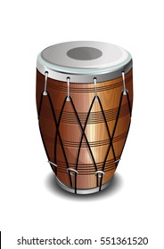 Punjabi drum called Dhol. Musical instrument. The drum in the Indian style. Realistic vector illustration isolated on white background