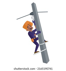 Punjabi electrician is fixing wires of an electric pole. Vector graphic illustration. Individually on a white background. 