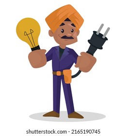 Punjabi electrician is holding bulb and plug wire. Vector graphic illustration. Individually on a white background. 