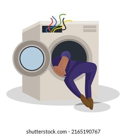 Punjabi electrician is repairing a washing machine. Vector graphic illustration. Individually on a white background.