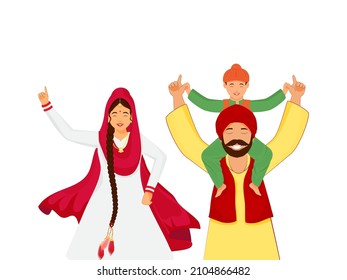 Punjabi Family Doing Bhangra In Traditional Clothes.