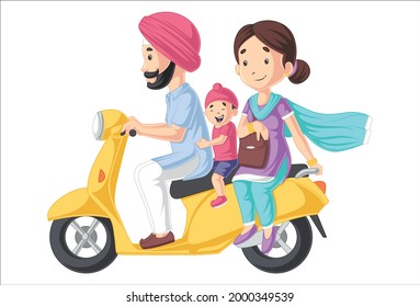 Punjabi family is riding on a scooter. Vector graphic illustration. Individually on a white background.