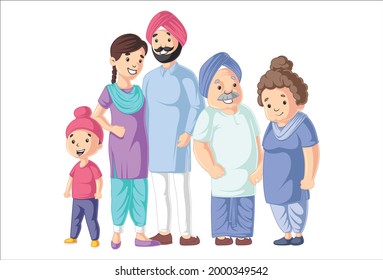 Punjabi family is standing together. Vector graphic illustration. Individually on a white background.