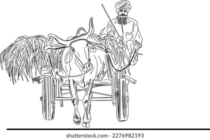 Punjabi Farmer on a Bull Cart Vector Illustration, Indian Farmer with Cow Cart Vector Graphic, Punjabi Farmer on a Traditional Cow-Cart Vector Graphic