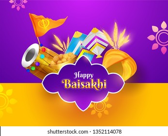 Punjabi festival element and decoration of kite, flag and Drum (Dhol) on yellow and purple background for Happy Baisakhi celebration banner or poster design.