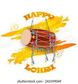 Punjabi festival, Happy Lohri celebration with drum on floral decorated background.