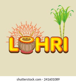 Punjabi festival, Happy Lohri celebration with drum and sugarcanes on floral decorated background.