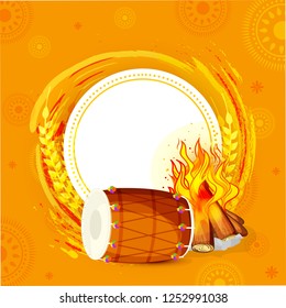 Punjabi festival of lohri celebration bonfire background with decorated drum.