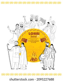 Punjabi festival lohri celebration bonfire background. Vector illustration