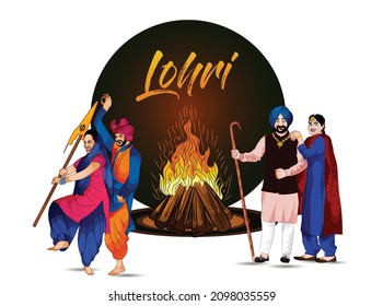 Punjabi festival lohri celebration bonfire background. Vector illustration