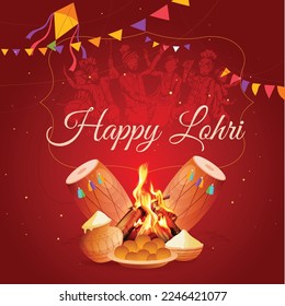 Punjabi festival of lohri celebration bonfire background with decorated drum.
