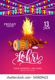 Punjabi festival of lohri celebration bonfire background with decorated drum.