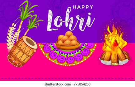 Punjabi festival of lohri celebration bonfire background with decorated drum.Easy to edit.