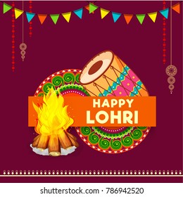 Punjabi festival of lohri celebration bonfire background with decorated drum.