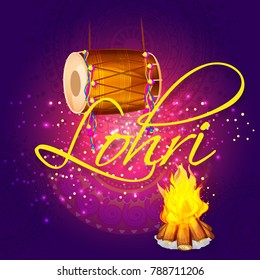 Punjabi festival of lohri celebration bonfire background with decorated drum.