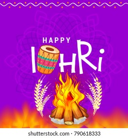 Punjabi festival of lohri celebration bonfire background with decorated drum.