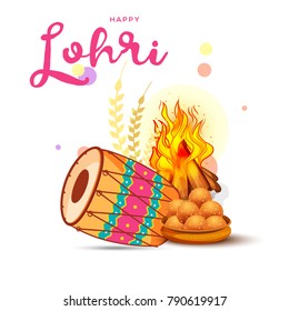Punjabi festival of lohri celebration bonfire background with decorated drum.