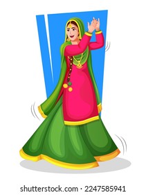 A Punjabi Giddha dancer in national cloth performing a folk dance step with hand gestures. vector illustration isolated on white. Playing lohri dance. Illustrations of excited happy Girl.