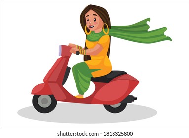 Punjabi girl is driving a scooter. Vector graphic illustration. Individually on white background.