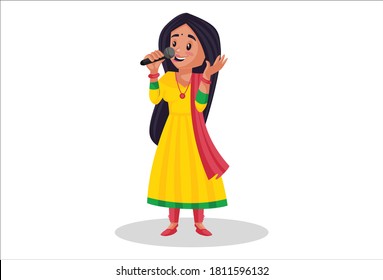 Ilustración gráfica vectorial. Una chica panyabí está sosteniendo un micrófono y cantando en el escenario. Individualmente sobre fondo blanco.