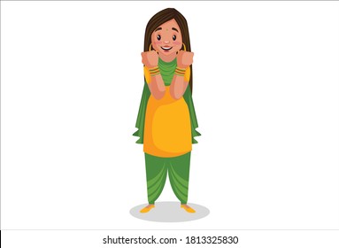 Punjabi girl is showing her bangles. Vector graphic illustration. Individually on a white background.