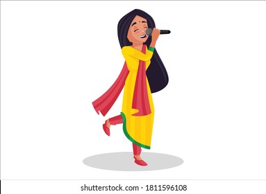 Punjabi girl is singing in the mike. Vector graphic illustration. Individually on white background.