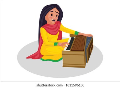 Punjabi girl is sitting on floor and rehearsing on harmonium. Vector graphic illustration. Individually on white background.