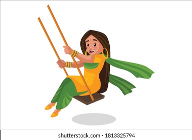 Punjabi girl is swinging swing. Vector graphic illustration. Individually on white background.