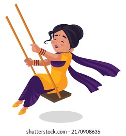 Punjabi girl is swinging swing. Vector graphic illustration. Individually on a white background.