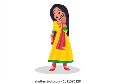 Punjabi girl is talking on a mobile phone. Vector graphic illustration. Individually on white background.