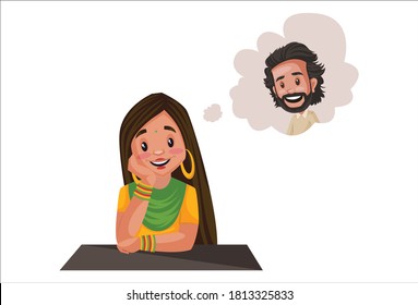 Punjabi girl is thinking about a boy. Vector graphic illustration. Individually on a white background.